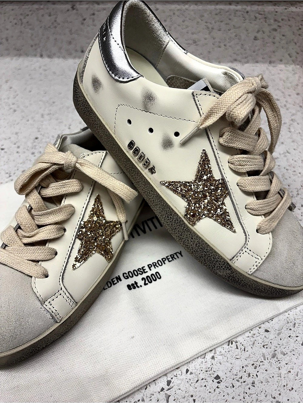 Golden Goose Womens Super Star with Gold Glitter Star White Leather Size 36